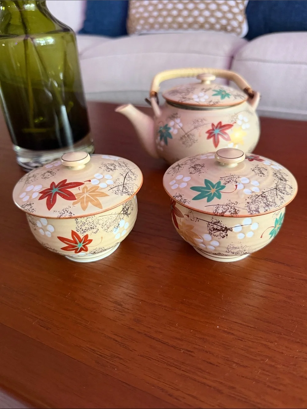 Cream Ceramic Teapot and Lidded Bowls Set with Floral Accents